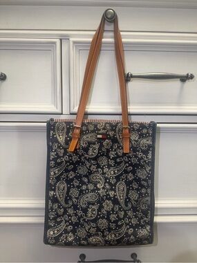 Tommy Hilfiger Paisley Canvas Tote Bag with Leather Straps - Navy & Tan